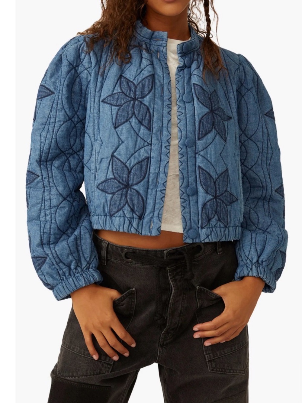 Free People Quinn Blue Quilted Floral Jacket